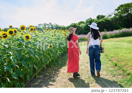 ひまわり畑と女性 ひまわり畑と女性 123787261