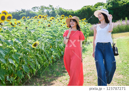 ひまわり畑と女性 ひまわり畑と女性 123787271