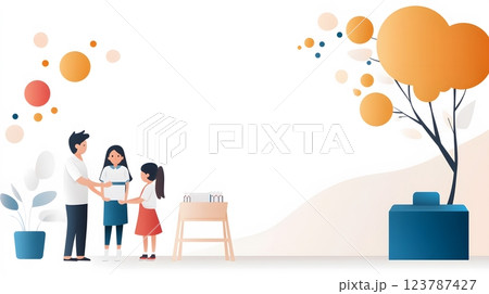 Papercut vector showing parents receiving a warm welcome from teachers in a decorated classroom 123787427