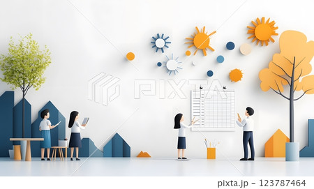 Lively papercut scene of parents and teachers reviewing a progress chart in a well-decorated classroom 123787464
