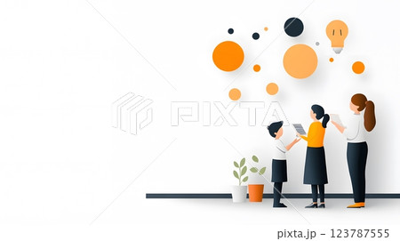 Papercut vector showing enthusiastic parents and teachers sharing ideas in a classroom with creative decor 123787555