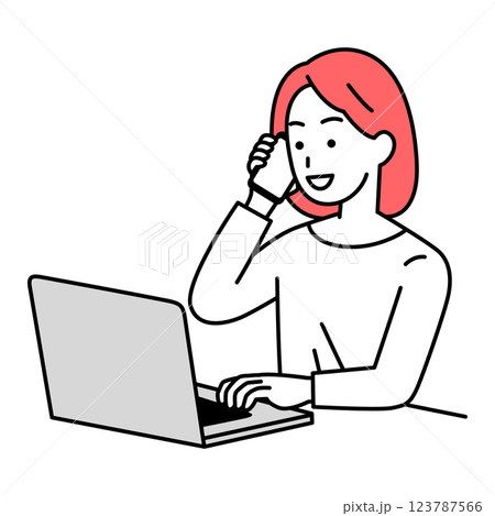 ノートパソコンを操作しながら電話するカジュアルな女性 123787566