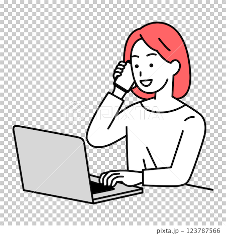 ノートパソコンを操作しながら電話するカジュアルな女性 123787566