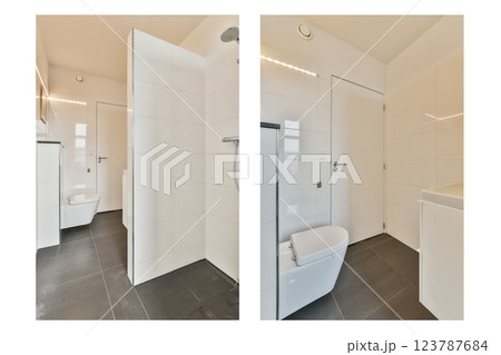 A sleek and modern bathroom showcasing minimalist design with white tiles and efficient layout. Clean lines create a serene atmosphere. A sleek and modern bathroom showcasing minimalist design with white tiles and efficient layout. Clean lines create a serene atmosphere. 123787684