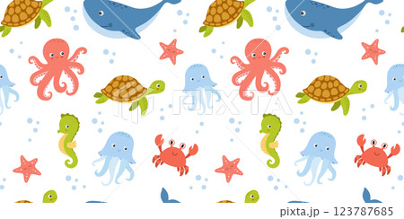 Seamless pattern with sea animals on white background, underwater life, vector illustrations. Nautical repeating design for nursery and kids 123787685