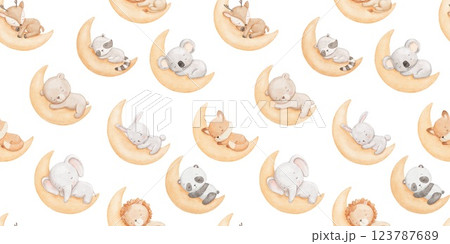 Seamless pattern with cute baby bear, fox and panda sleeping on moon, watercolor illustrations isolated on white. Repeating design for nursery Seamless pattern with cute baby bear, fox and panda sleeping on moon, watercolor illustrations isolated on white. Repeating design for nursery 123787689