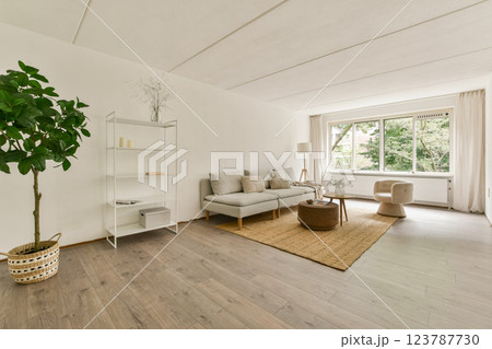 A stylish and contemporary living room featuring a cozy seating area, a decorative plant, and natural light streaming through large windows. A stylish and contemporary living room featuring a cozy seating area, a decorative plant, and natural light streaming through large windows. 123787730
