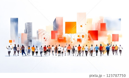 Joyful watercolor painting of a Mardi Gras parade featuring vibrant costumes, masks, and floats 123787750