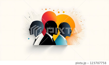 Papercut style design featuring a silhouette of iconic civil rights leaders surrounded by bold abstract shapes 123787758