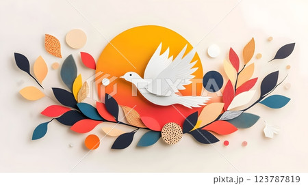 Papercut artwork of a dove symbolizing peace and unity with African-inspired designs and cultural patterns 123787819