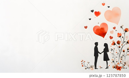 Romantic couple holding hands surrounded by soft watercolor hearts and flowers 123787850