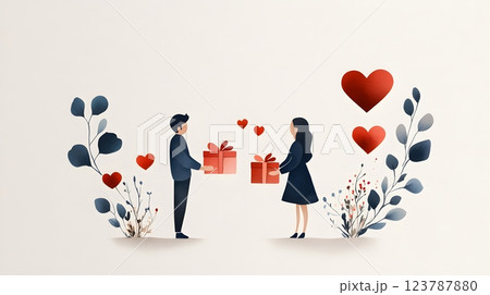 Watercolor painting of a couple exchanging gifts with hearts and floral accents in the background 123787880