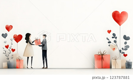 Watercolor painting of a couple exchanging gifts with hearts and floral accents in the background 123787881