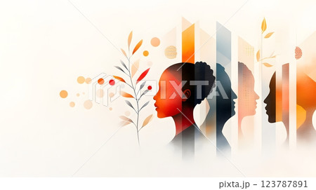 Watercolor illustration of historical African-American figures surrounded by cultural patterns and symbols 123787891