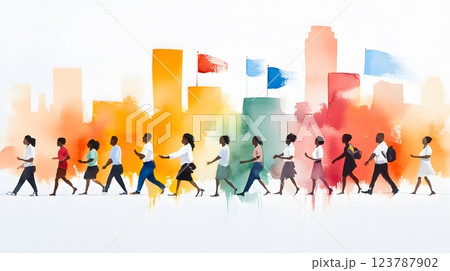 Watercolor painting of a colorful parade honoring African-American achievements and culture Watercolor painting of a colorful parade honoring African-American achievements and culture 123787902