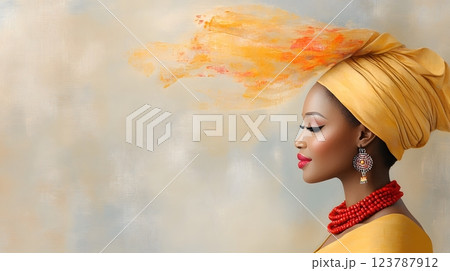 Watercolor portrait of a woman wearing traditional African attire in a serene and joyful setting 123787912
