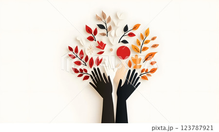 Papercut design featuring hands holding cultural symbols in a circle of unity and celebration Papercut design featuring hands holding cultural symbols in a circle of unity and celebration 123787921