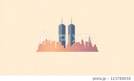 A sleek and simple design of the twin towers standing prominently in the New York skyline with muted colors 123788038