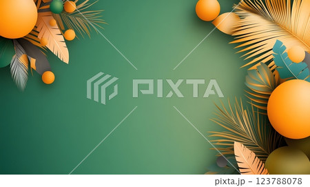 Papercut style arrangement of Mardi Gras beads, feathers, and masks on a festive gold and green background 123788078