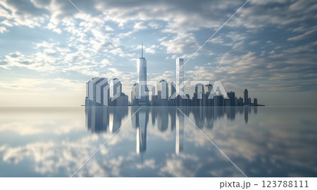 A quiet and simple artistic rendering of the New York skyline with the twin towers framed by light clouds 123788111