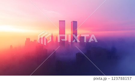 A subtle and artistic representation of the twin towers in the New York skyline with a glowing sunrise background 123788157