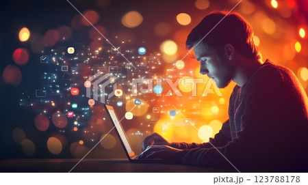A community manager working on a laptop surrounded by social media alert bubbles in bright vector tones 123788178