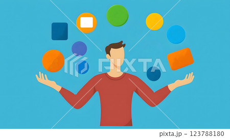 A flat vector graphic showing a community manager handling multiple social media platforms with lively icons 123788180