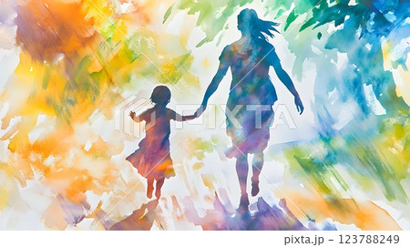 A colorful watercolor piece showing an adult and child laughing and twirling in the rain, with soft brushstrokes 123788249