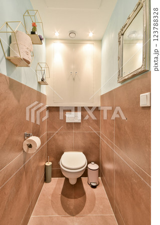 A contemporary bathroom featuring a sleek toilet design, elegant wall decor, and modern storage solutions that blend functionality with aesthetic appeal. 123788328
