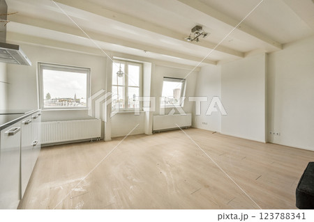 A bright, spacious interior showcasing clean lines and minimalistic design. Natural light floods the room through large windows, creating an airy atmosphere. A bright, spacious interior showcasing clean lines and minimalistic design. Natural light floods the room through large windows, creating an airy atmosphere. 123788341