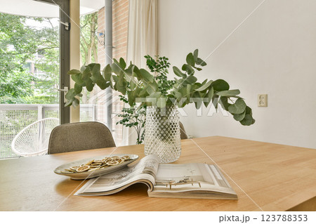 A warm and inviting indoor space featuring a vase of greenery, a stylish magazine, and soft natural light streaming in from the window. 123788353