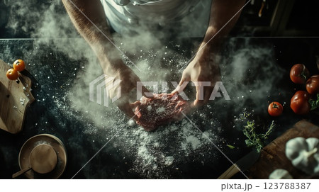 A chef seasoning a raw steak with salt and spices on a dark rustic table A chef seasoning a raw steak with salt and spices on a dark rustic table 123788387