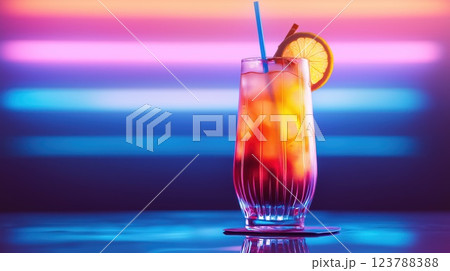 Bright colorful cocktail with ice and lemon slice in a tall glass against a neon background 123788388
