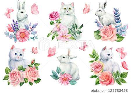 cute white rabbits and cats with pink rose and pink butterflies set. Watercolor illustration isolated white background 123788428