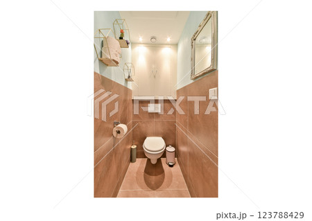 The image showcases a stylish modern bathroom interior featuring a clean toilet design and elegant storage solutions in neutral colors. 123788429