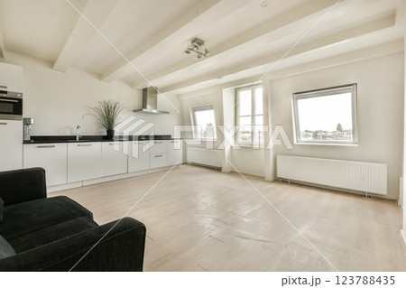 A spacious, light-filled room featuring modern furniture and minimal decor, highlighting clean lines and simplicity in design. A spacious, light-filled room featuring modern furniture and minimal decor, highlighting clean lines and simplicity in design. 123788435