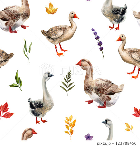 watercolor seamless pattern with geese, flowers, leaves. Nature background for fabric, wrapping, textile, art wallpaper 123788450