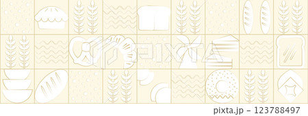 Abstract bakery menu background with line drawing. Geometric pattern Bauhaus bread, croissant, donut. Bakery line pattern. 123788497