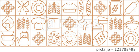 Abstract bakery menu background with line drawing. Geometric pattern Bauhaus bread, croissant, donut. Bakery line pattern. 123788498