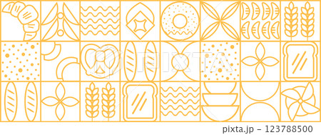 Abstract bakery menu background with line drawing. Geometric pattern Bauhaus bread, croissant, donut. Bakery line pattern. 123788500