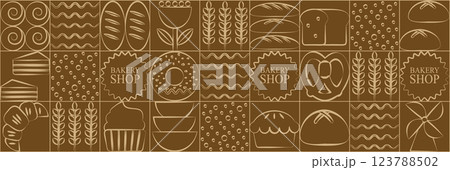 Abstract bakery menu background with line drawing. Geometric pattern Bauhaus bread, croissant, donut. Bakery line pattern. 123788502