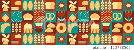 Abstract bakery menu background with line drawing. Geometric pattern Bauhaus bread, croissant, donut. Bakery line pattern. 123788503