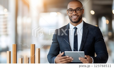 Businessman analyzing financial data on digital tablet, economic growth graph displayed, business strategy, professional setting, 3D rendering 123788511