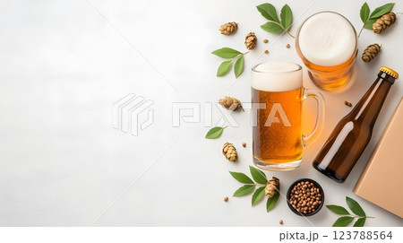 Flat vector design of International beer day with frothy beer mugs, hops, and a vibrant party atmosphere Flat vector design of International beer day with frothy beer mugs, hops, and a vibrant party atmosphere 123788564