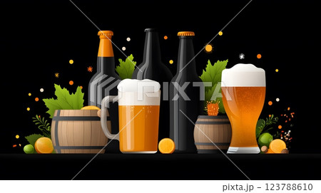 Creative beer day flat vector with vibrant mugs, barrels, and confetti, International beer day festive theme 123788610