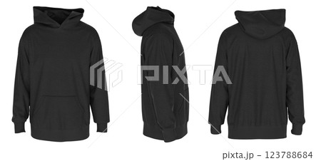 Men's Black Oversized Hoodie Mockup - Front, Side, Back View 3D Render 123788684
