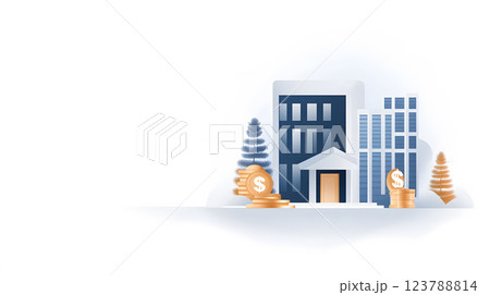 Flat vector clean finance logo with an abstract bank building and a dollar sign 123788814