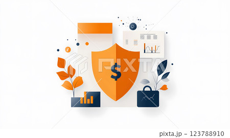 Flat vector finance background showing a secure shield with money and graphs 123788910