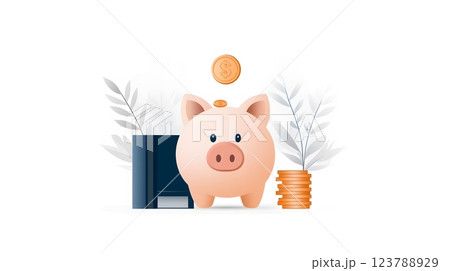 Flat vector finance icon of a piggy bank with a coin dropping in 123788929