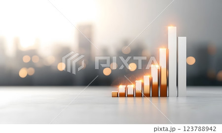 Flat vector finance icon of a bar chart with glowing upward trends 123788942